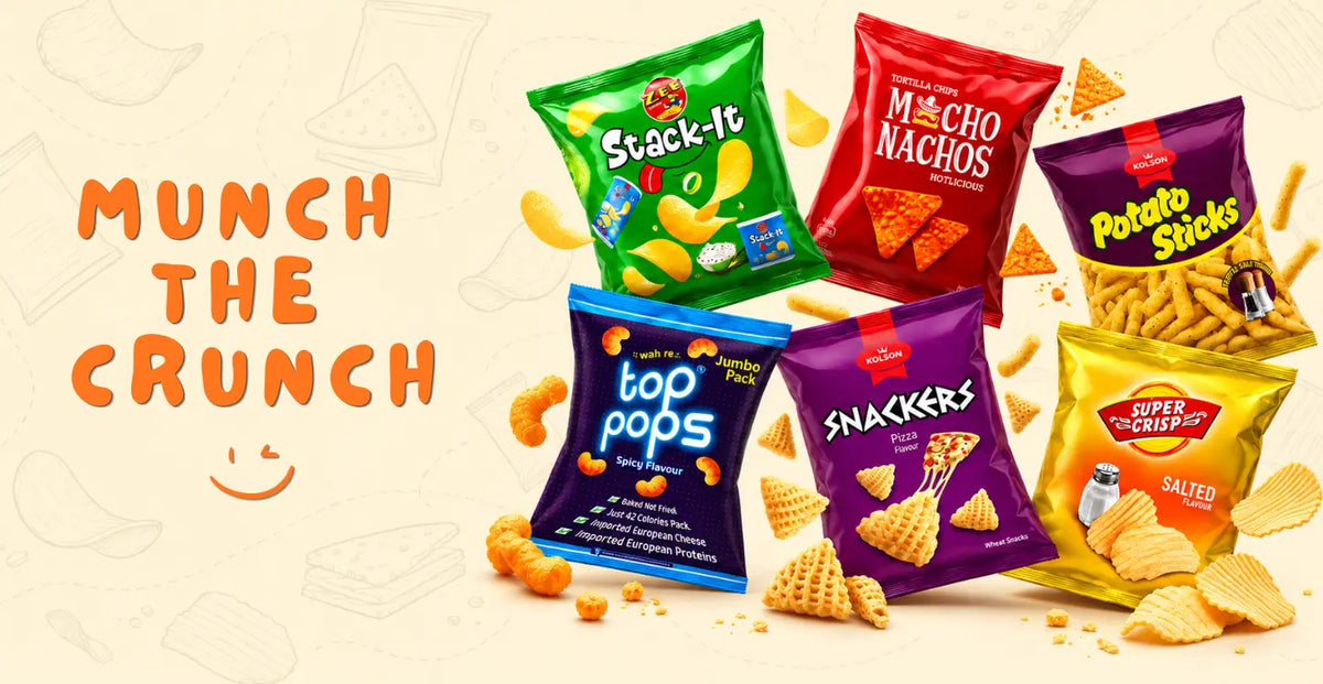A promotional graphic showing five branded snack bags floating on a light beige background with the text 'MUNCH THE CRUNCH' on the left. The bags include Stack-It, Nacho Nachos, Potato Sticks, Top Pops, Snackers, and Super Chips.