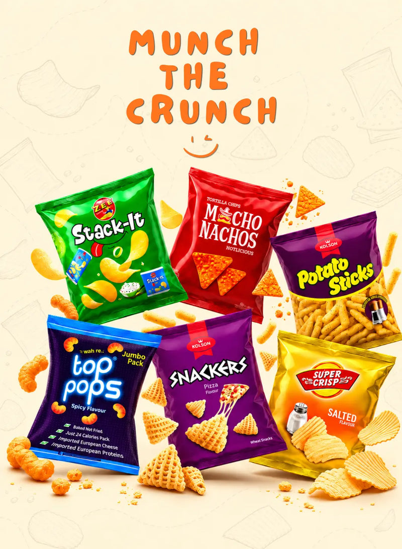 A promotional collage of multiple snack bags floating against a light cream background with the text 'MUNCH THE CRUNCH' at the top. Visible products include green Stack-It chips, red Nacho Macho chips, purple Potato Sticks, blue Top Pops, purple Snackers, and yellow Super Crunch Salted bags, with scattered orange chips around them.