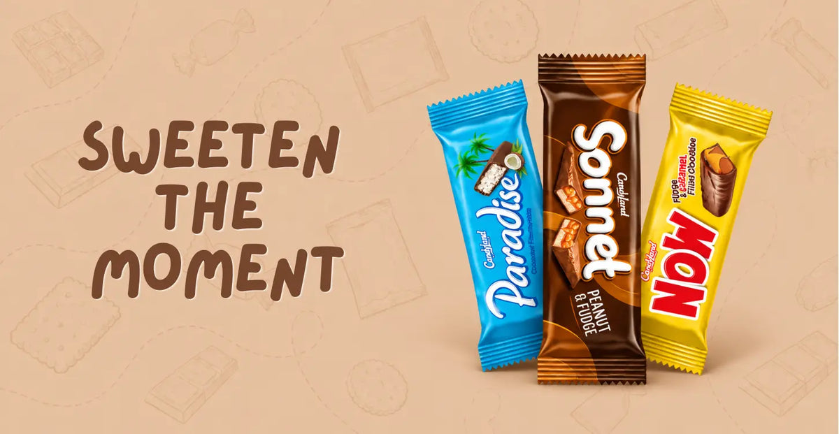 Three candy bars standing upright on a beige background with the text 'SWEETEN THE MOMENT' on the left. The bars are wrapped in bright blue, brown, and yellow packaging with visible brand names Paradise, Sonnet, and NOW.