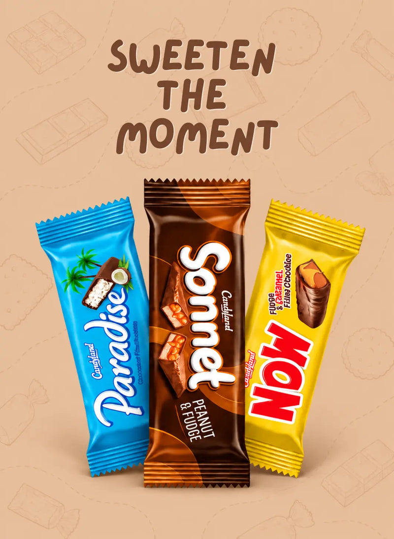 Three wrapped candy bars standing upright on a beige background with the text 'SWEETEN THE MOMENT' above them. The center bar is brown and labeled 'Sonnet Peanut Butter & Fruit'; the left bar is bright blue and labeled 'Paradise'; the right bar is yellow and labeled 'NOW'.